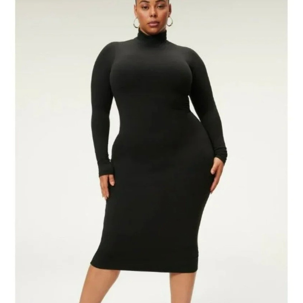 Good American Sundown Dress 4 (XL) Black Long Sleeve Mock Neck Bodycon Midi NWT